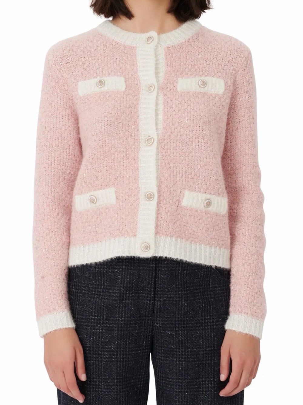 Maje Mohair Cardigan - Soft Pink Contrast-Trim Sz Lg